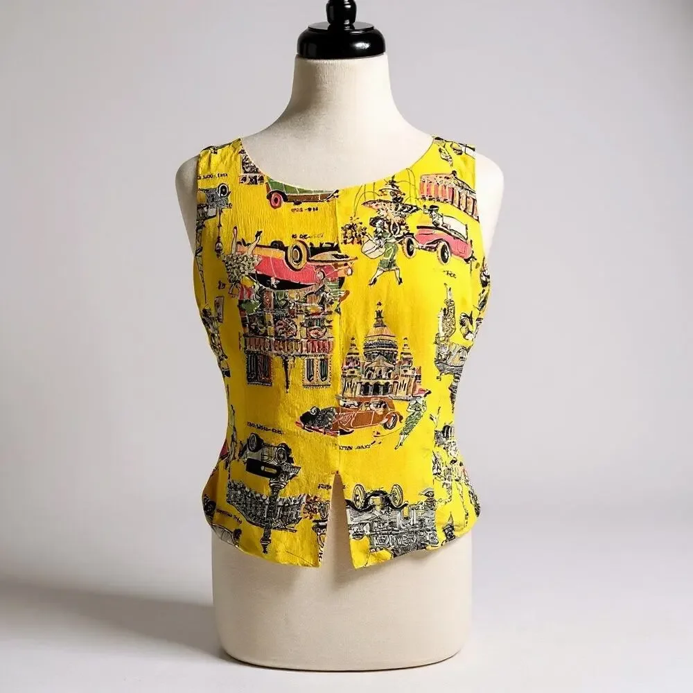 Vintage Criscione 100% Silk Top - Bold Yellow - Art Deco Cityscape - Picture 1 of 6